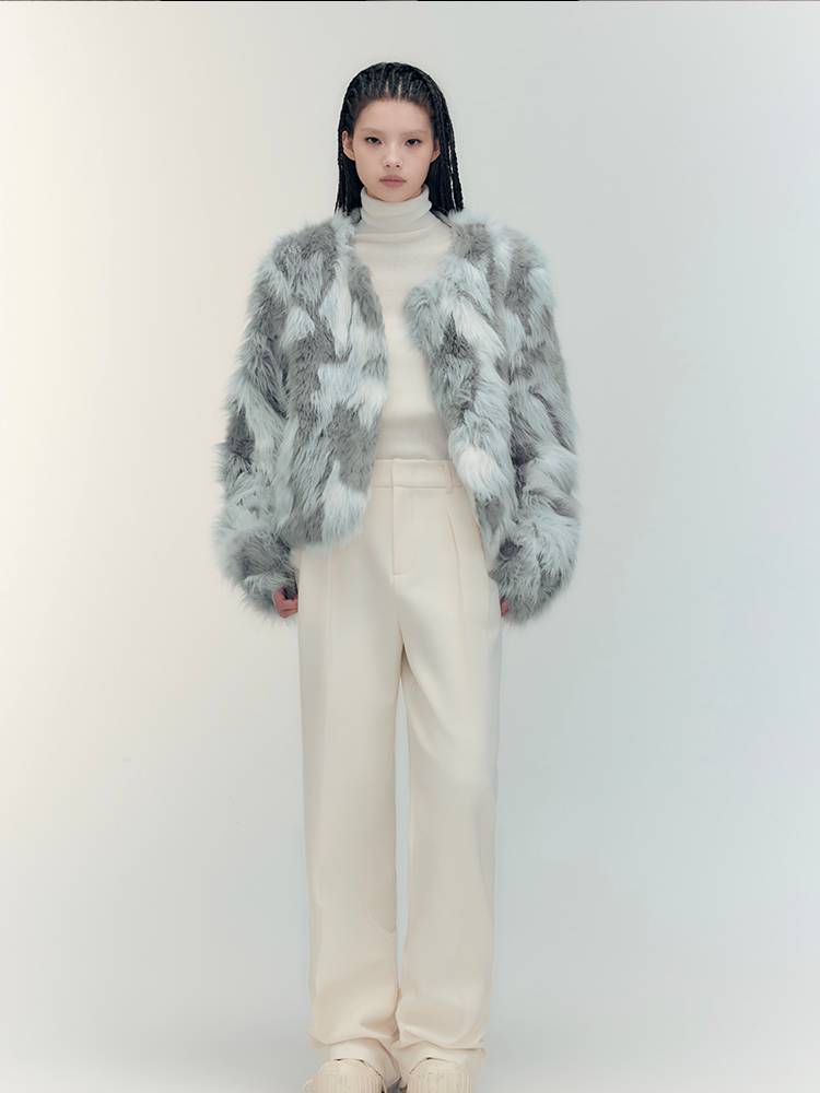 Fur Eleagnt Bi-Color No-Collar Jacket