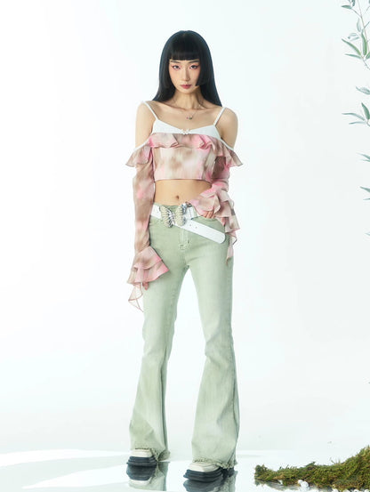 Tie-Dye Sheer Fake-Off-Shouler Ruffle Gather Watercolor Tops