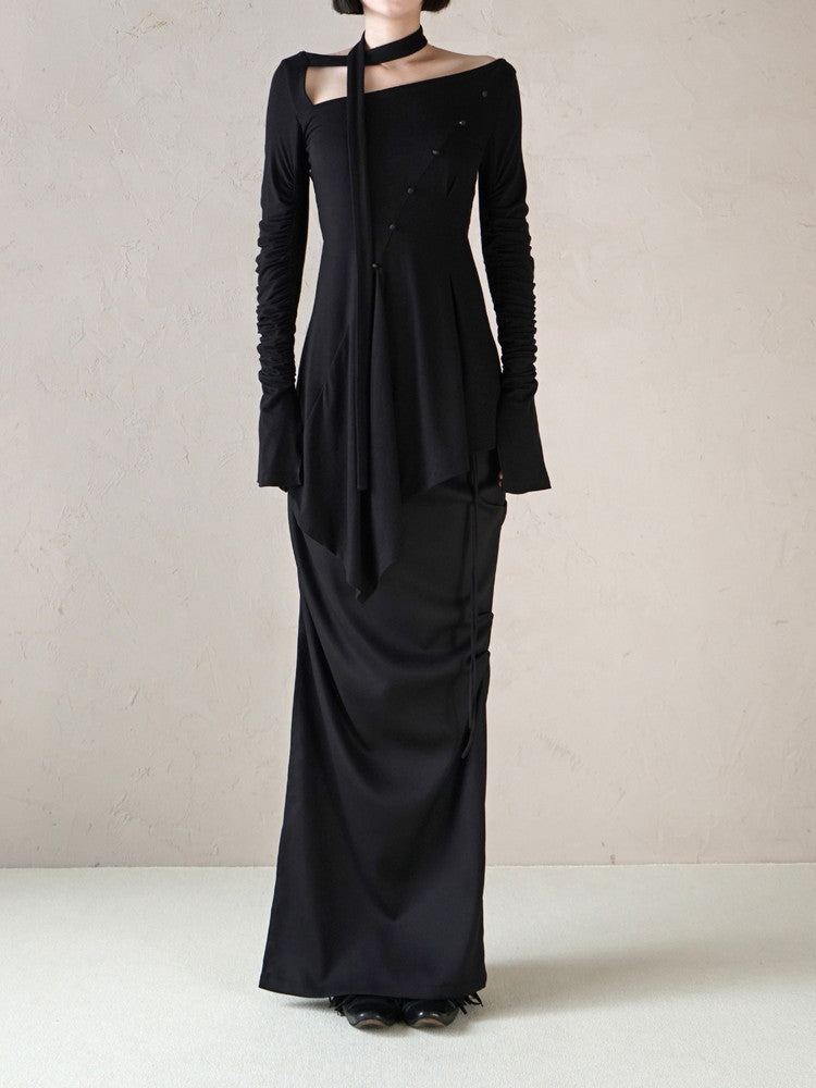 Bottle-Neck Drape Slim Simple Long Dress