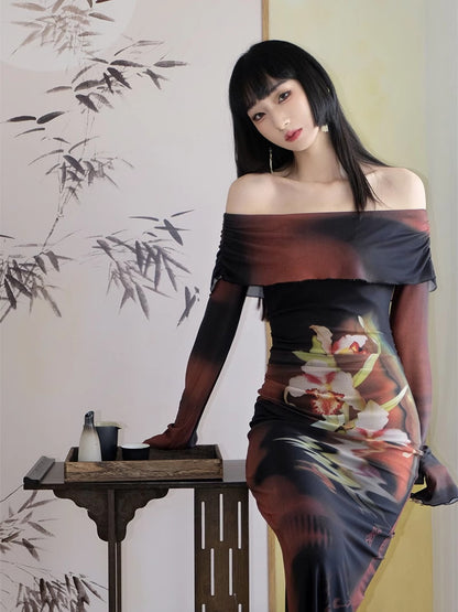 Off-Shoulder Flower Gradation Mellow Tight Retro Long-One-Piece