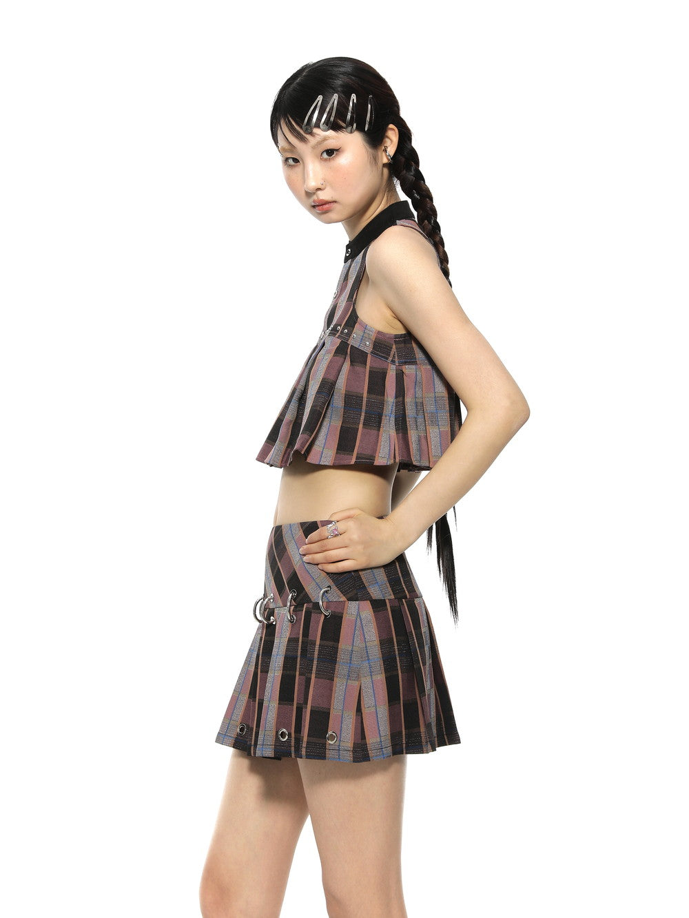 Checked Pleats Flare Sleeveless Cropped Tops