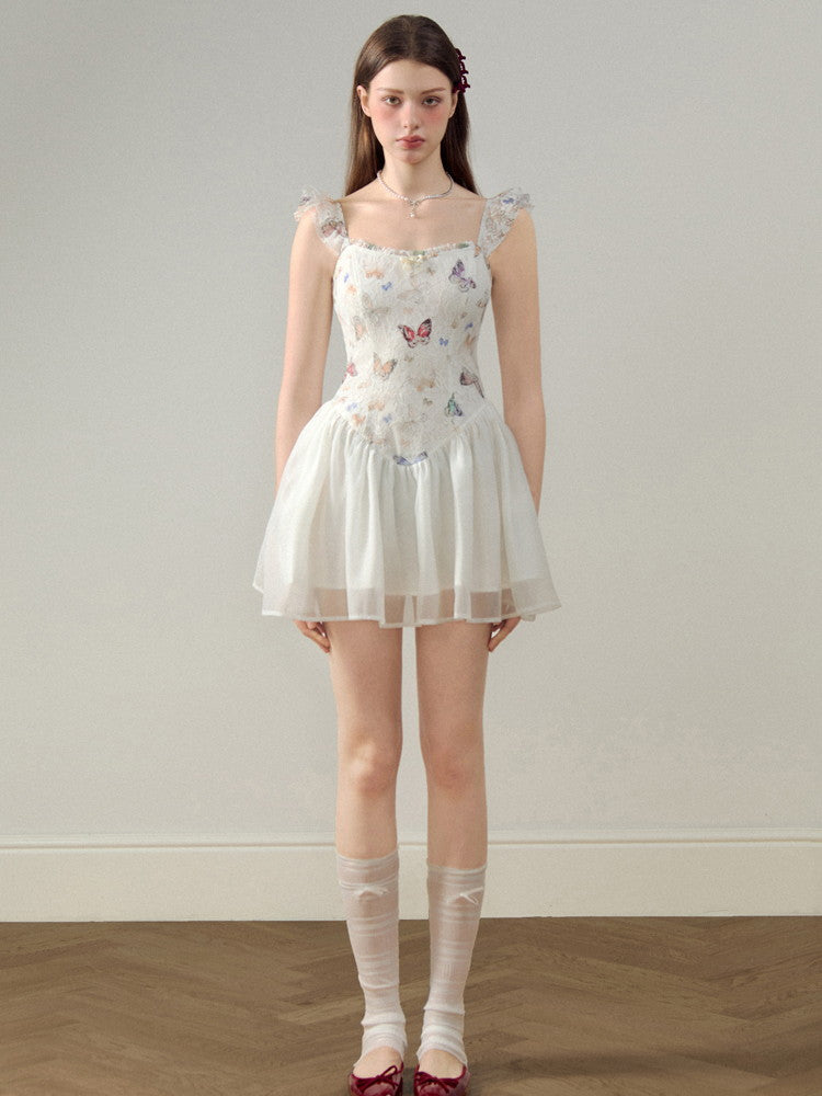 Embroidery Butterfly Lace Ribbon Ciffon Ceminine Fluffily Short Dress