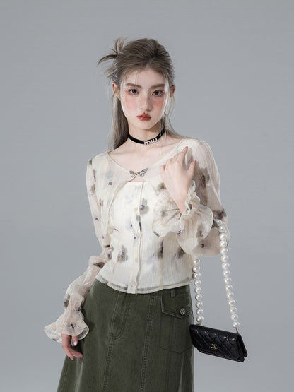 Ciffon Flower Balloon-Sleeve Sheer Retro Blouse