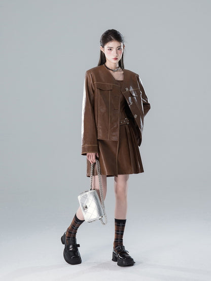 Jacket＆Dress Leather High-End No-Collar Retro Set-Up