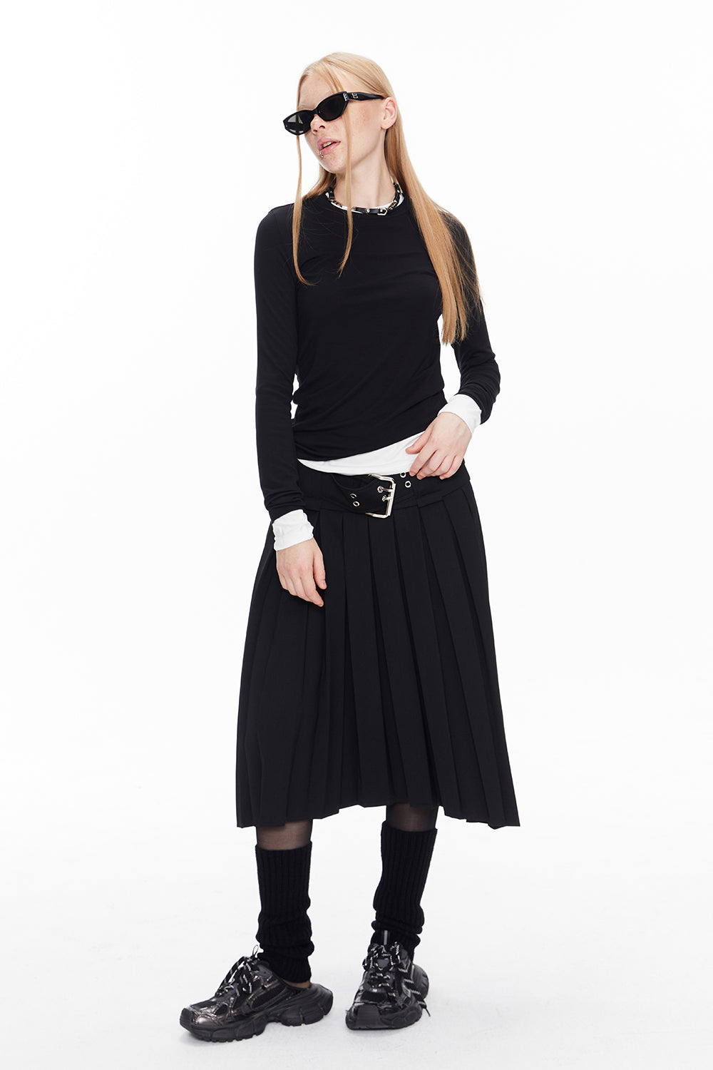 Pleats Asymmetry Belt Long-Skirt