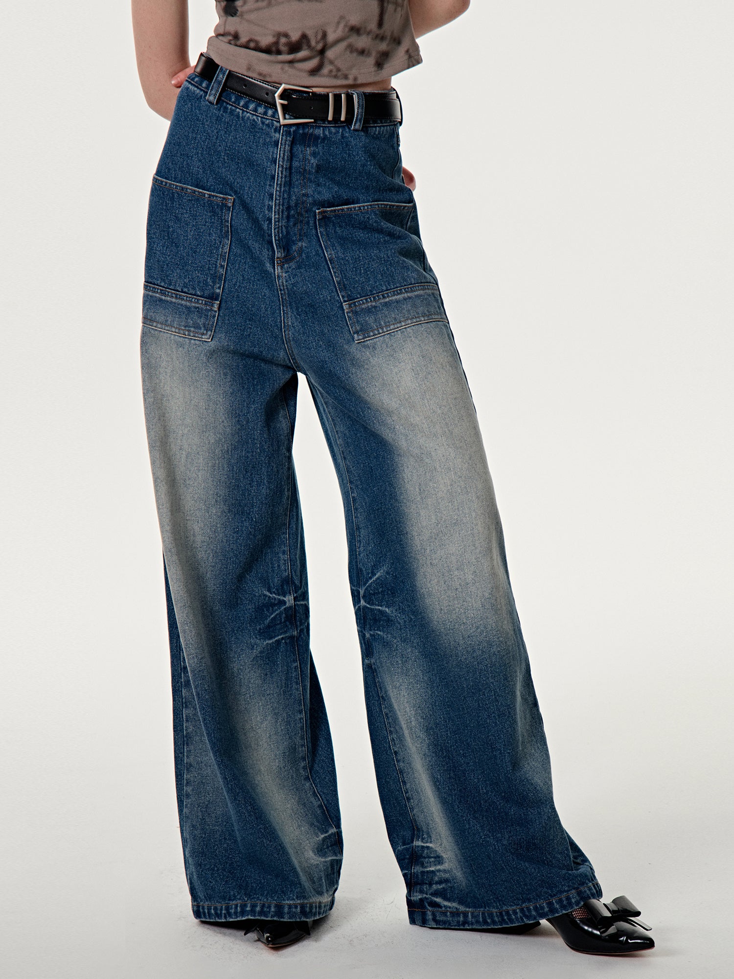 Faded Denim Wide-Leg Casual Pants