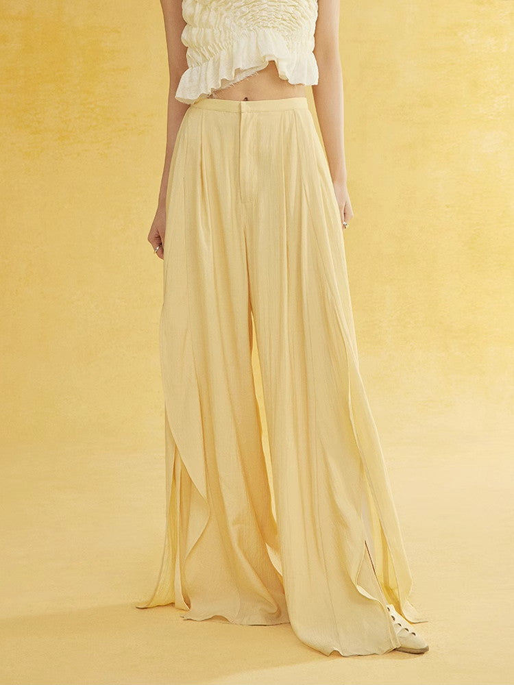 Natural Slit Wide-Leg Wrinkled Plain Flare-Pants