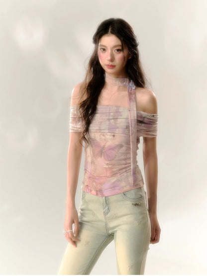 Off-Shoulder Slim Watercolor Retro Chic Tops