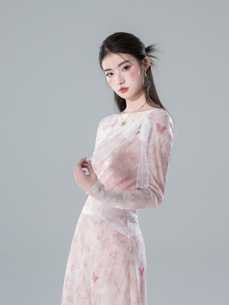 Long Butterfly Sheer Long Lace Slim Dress