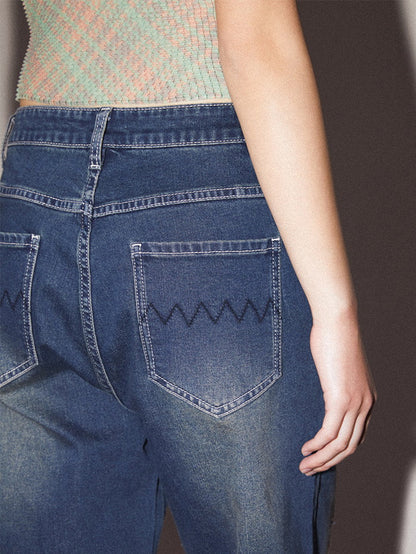 Crash Damage Wide-Leg Casual Denim Pants