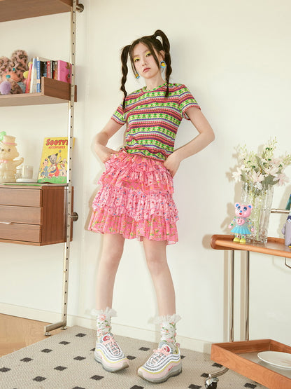 Tiered Drill Vivid Cute Flower Heart Short Fancy Skirt