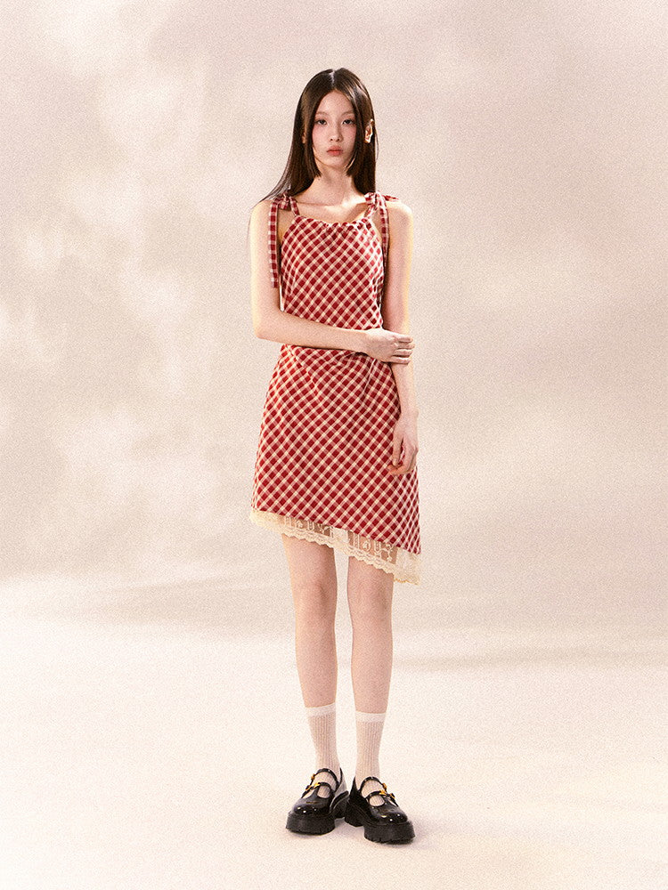 Checked Girly Asymmetry Lace Shoulder-Ribbon Dress