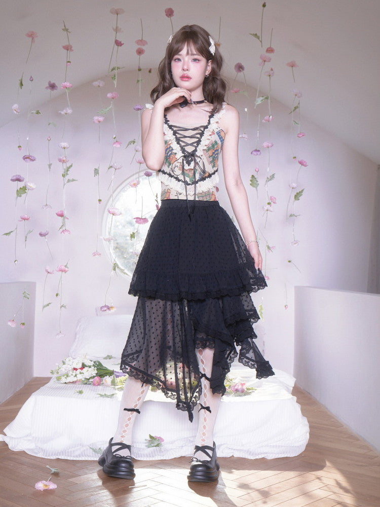 Lace Dot Asymmetry Sheer Tiered Long-Skirt