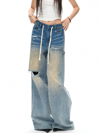 Damage Crush Straight Loose Wide Faded Denim-Pants