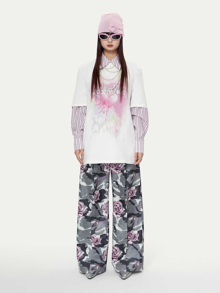 Camouflage Flower High-Waist Speckled Rose Nichi Wide-Pants