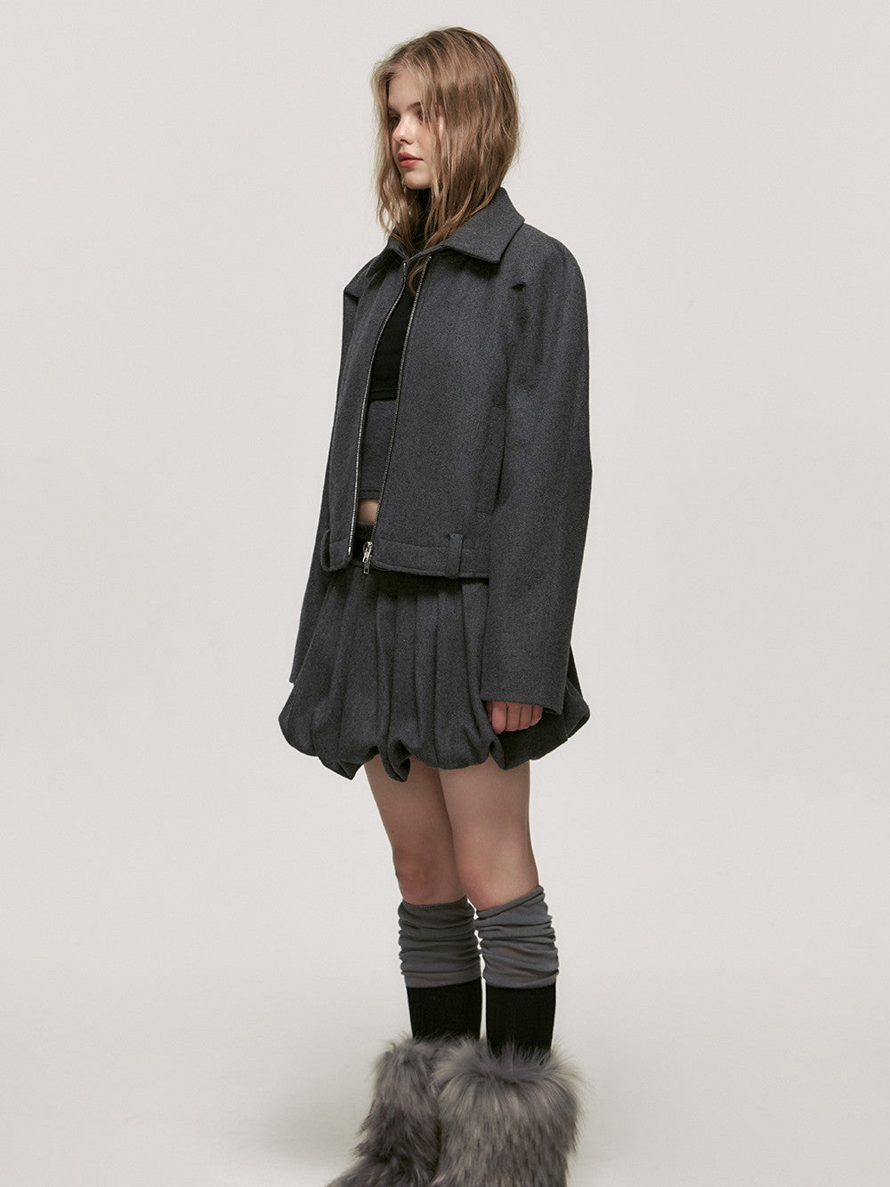 Set-Up Casual Simple Suit Wool Short-Jacket＆Balloon-Skirt