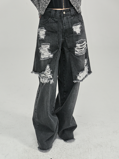 Nichi Denim Layered Conspicuous Damage Wide-Pants