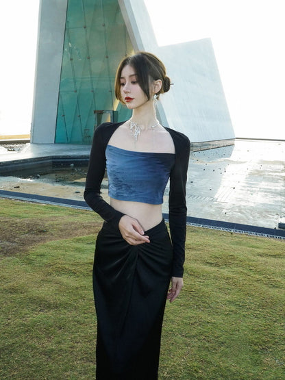 Simple Plain Drape High-Waist Long-Skirt