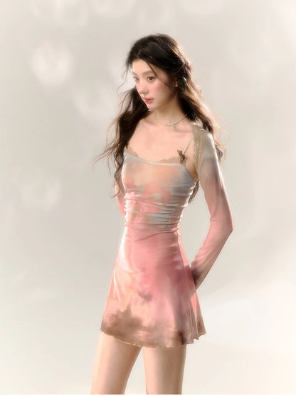 Dress＆Bolero Tie-Dye Pale-Tone Slim Mesh Set-Up