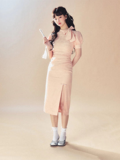 Drape Neck-Ribbon Slit Long Puff-Sleeve Dress