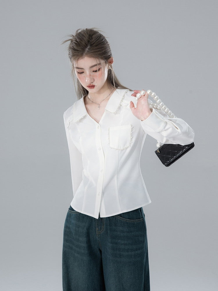 Pearl V-Neck Feminine Shape Simple Blouse