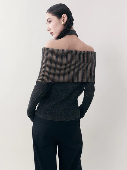 Off-Shoulder Stripe Long-Tie Retro Knit