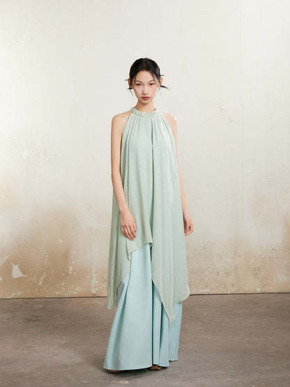 Refreshing American-Sleeve Long Layered Dlare Long Plain Dress