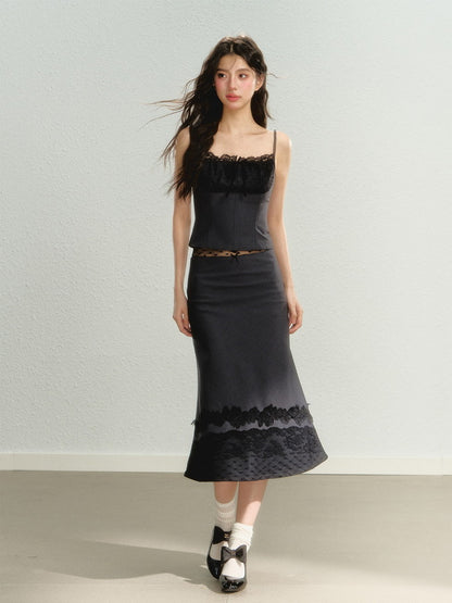 Set-Up Lace Ribbon Feminine Camisole＆Long-Skirt