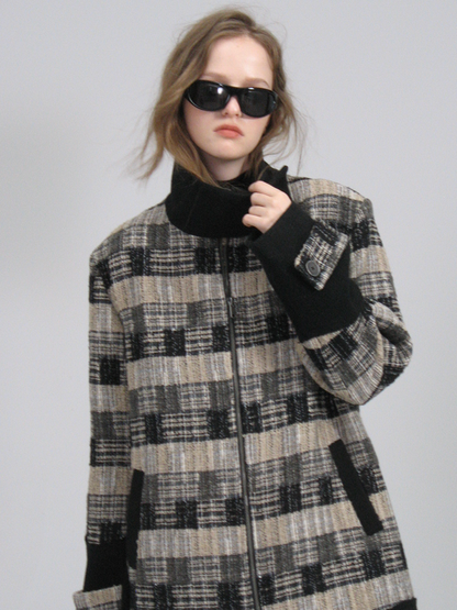 Patchwork Retro Stand-Collar Coat Long-Jacket