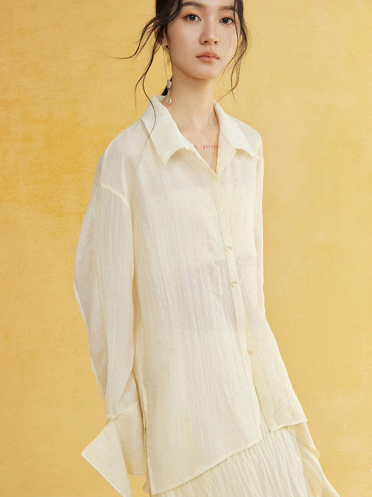 Side-Button Natural Sheer Oversuze Shirt