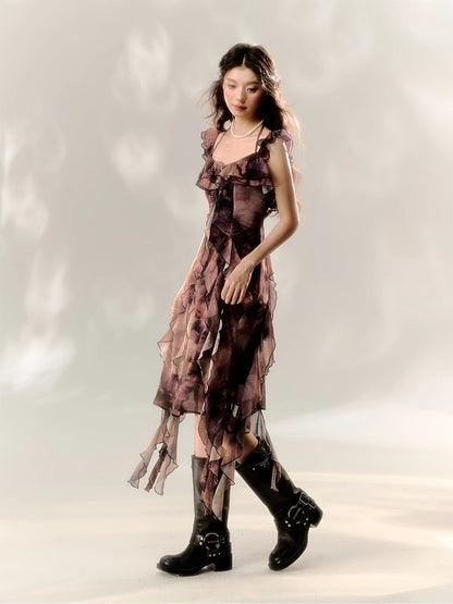 Ciffon Asymmetry Ruffle Long Dress