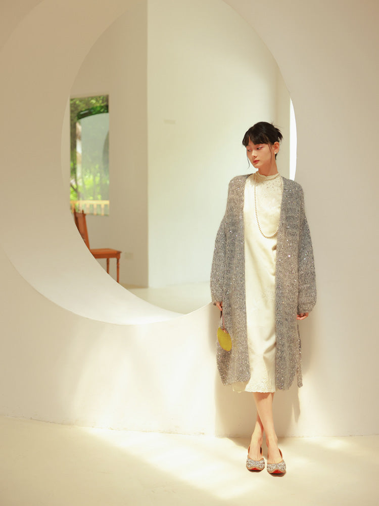 Glossy Loose Knit Effortless Sequins Long-Cardigan