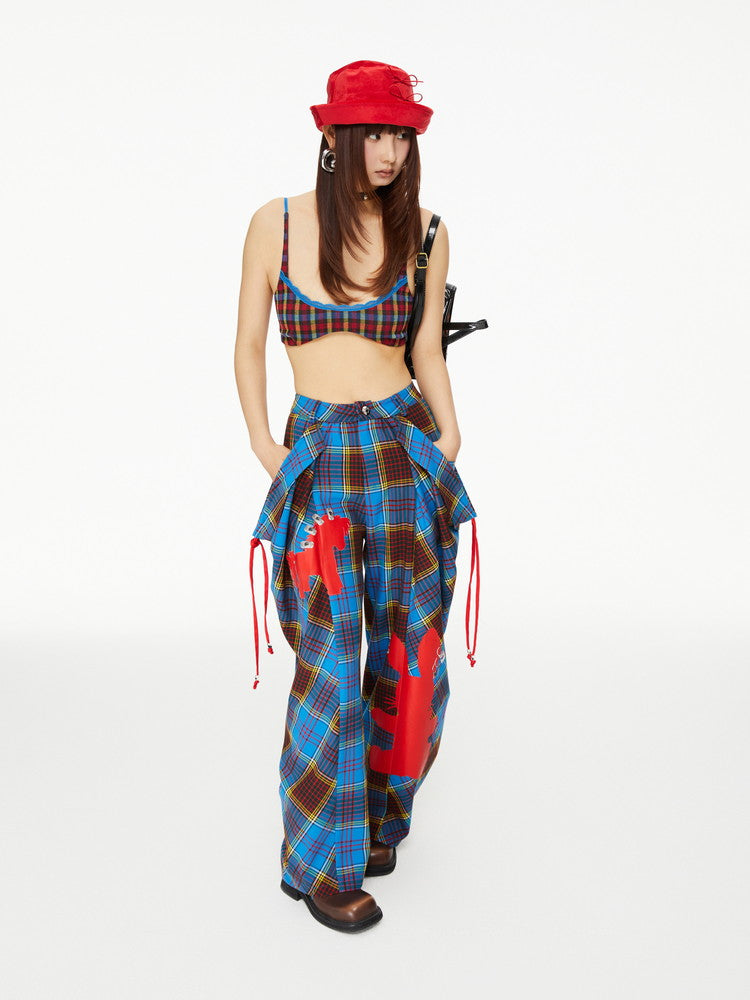 Checked Retro Girly Rabbit Silhouette Wide-Leg Nichi Casual Pants