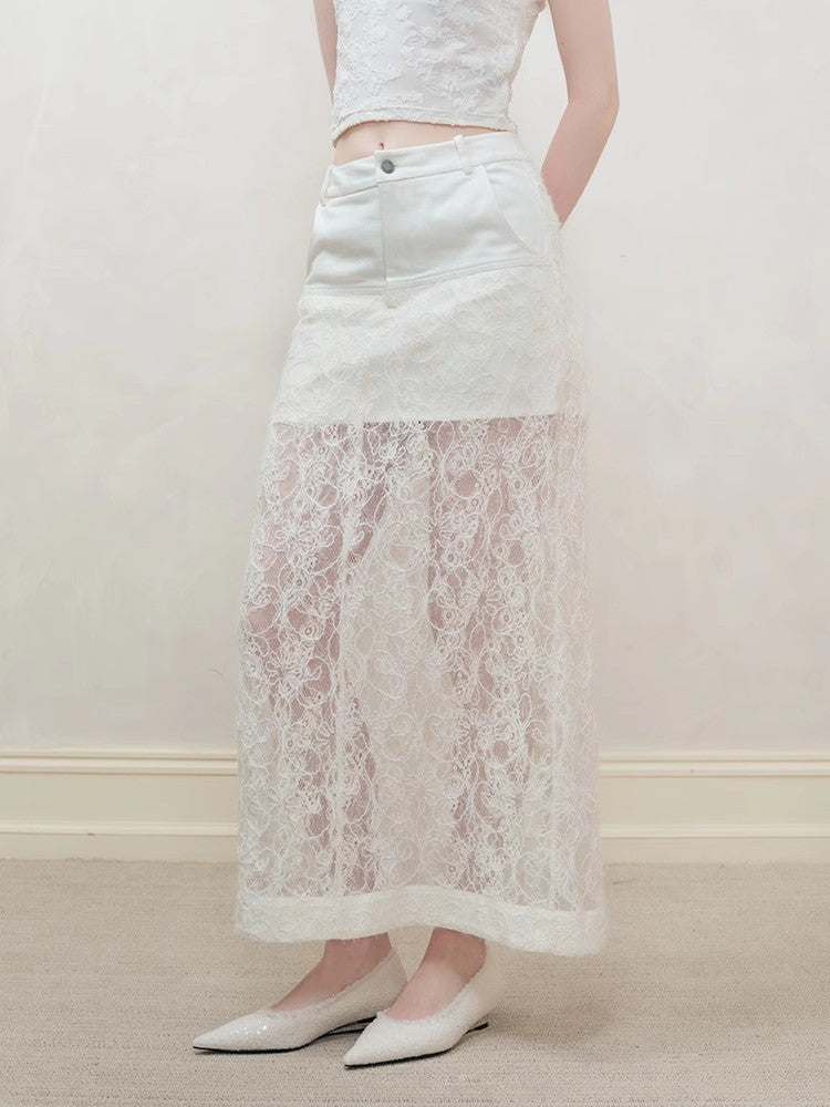 Lace H-Line Sheer Flower Embroidery Feminine Long-Skirt