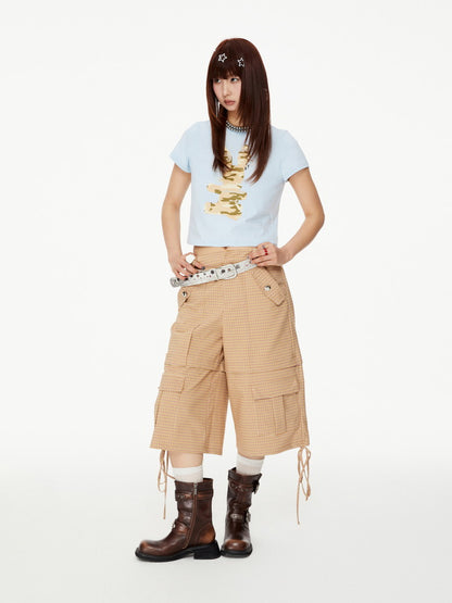 Checked Casual Wide Drawstring Half-Pants