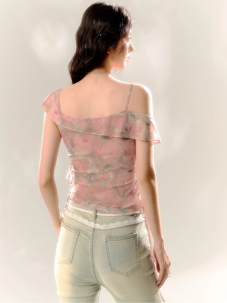 Asymmetry Ciffon Frill Flower Rose Drape Tops