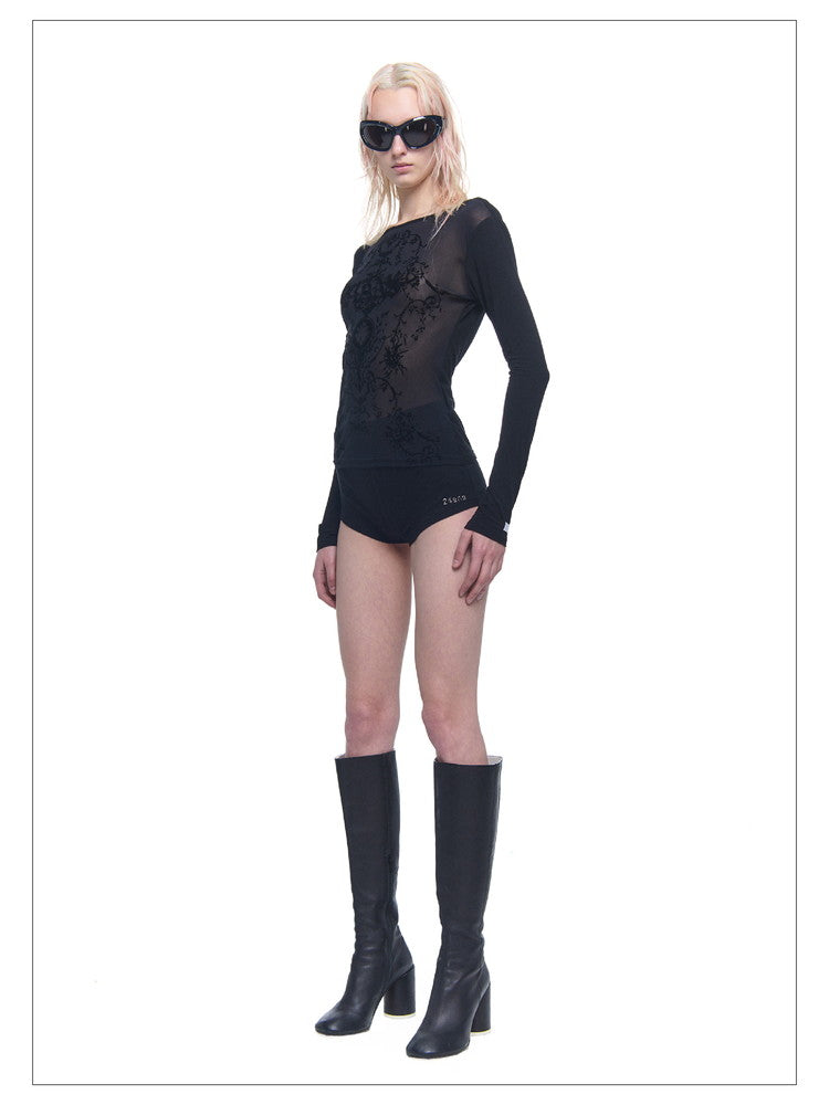 See-Through Mesh Drape Slim Cutsew