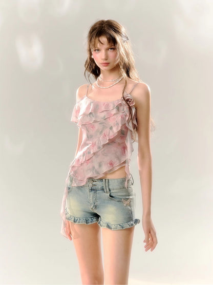 Asymmetry Ciffon Frill Flower Rose Drape Tops