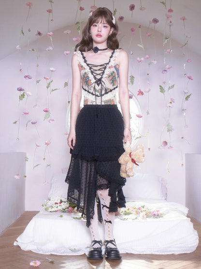 Lace Dot Asymmetry Sheer Tiered Long-Skirt