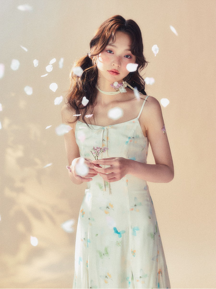 Butterfly Watercolor Camisole Slim Cute Ribbon Retro Long One-Piece