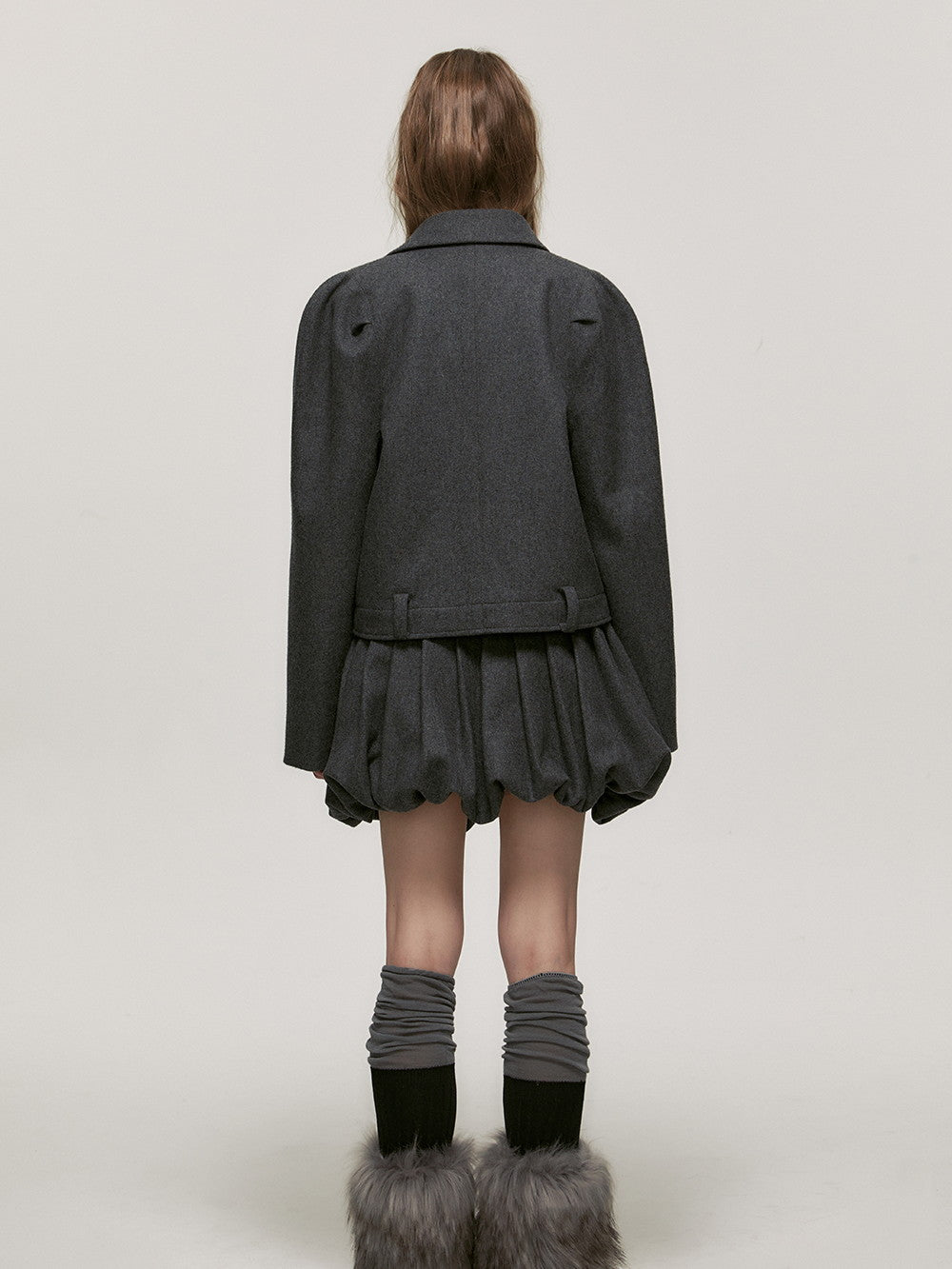 Set-Up Casual Simple Suit Wool Short-Jacket＆Balloon-Skirt