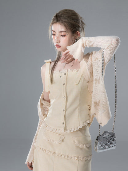 Vest&amp;Blouse＆Long-Skirt Frill Lace Suspenders Ribbon Set-Up