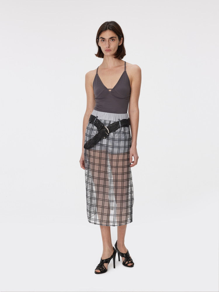 Checked See-Through Layered Elastic-Waist Back-Slit Long-Skirt