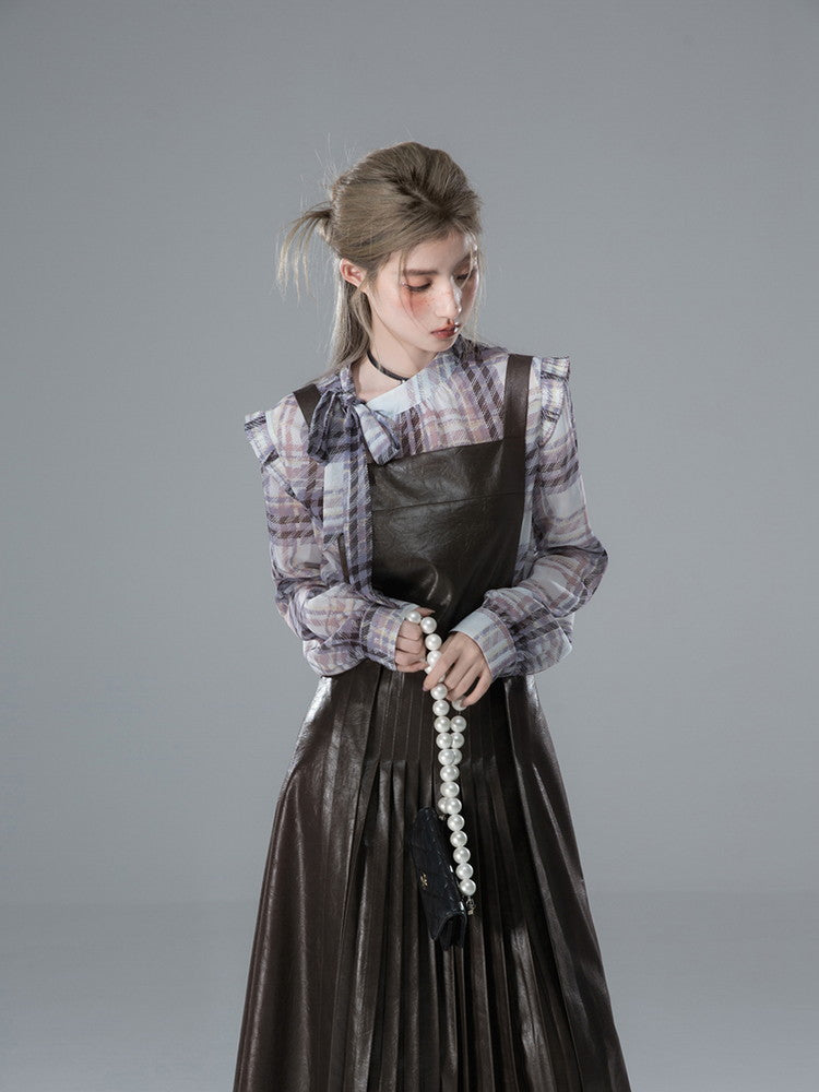 Leather Pleats Suspenders Long Plain Dress