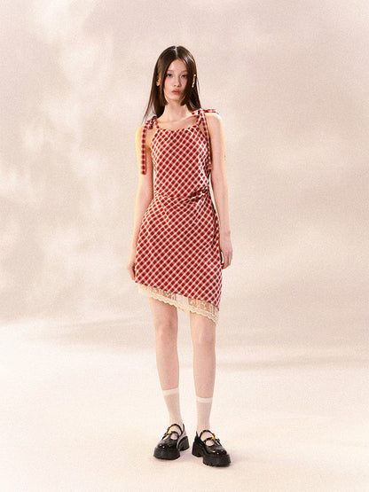 Checked Girly Asymmetry Lace Shoulder-Ribbon Dress