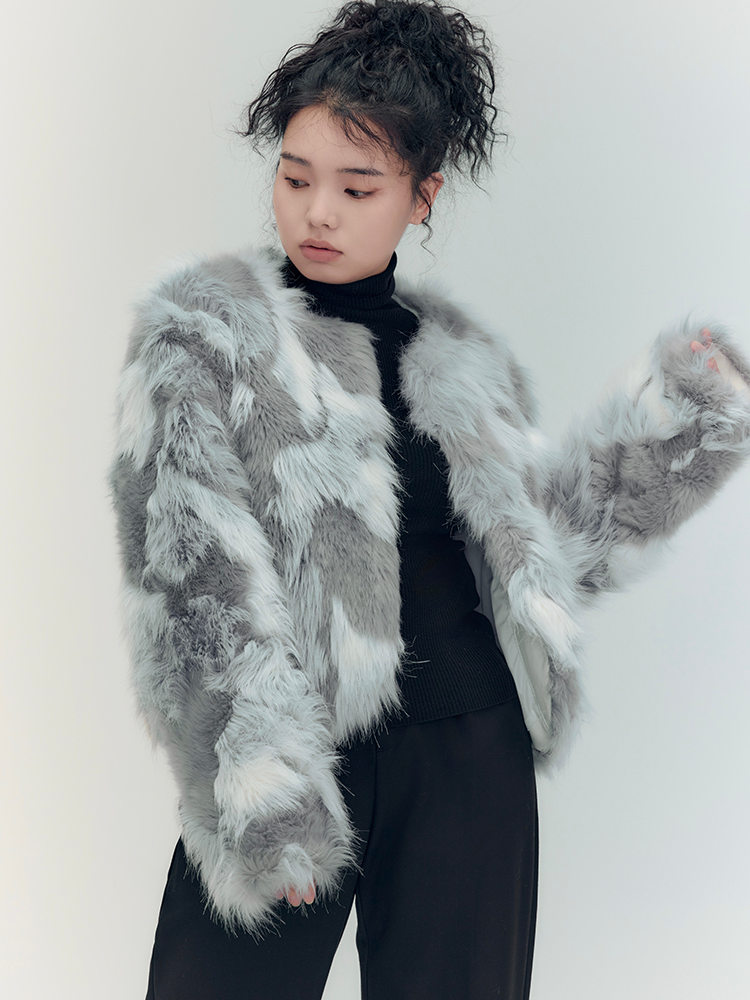 Fur Eleagnt Bi-Color No-Collar Jacket