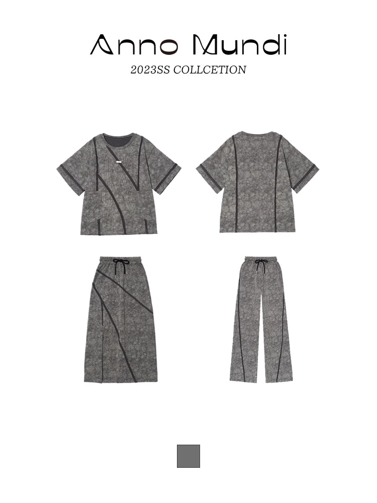 세련된 스티치 레트로 TT-Shirt &amp; Long Skirt &amp; Pants