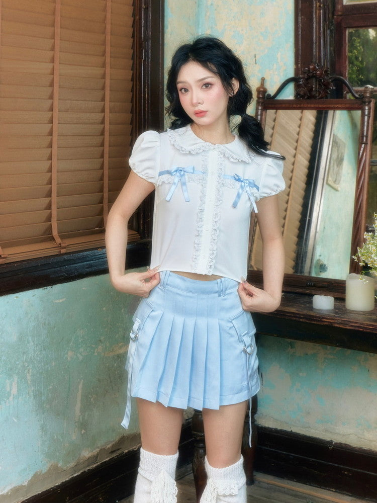 Puff-Sleeve Ribbon Frill Lace Sweet Short Blouse