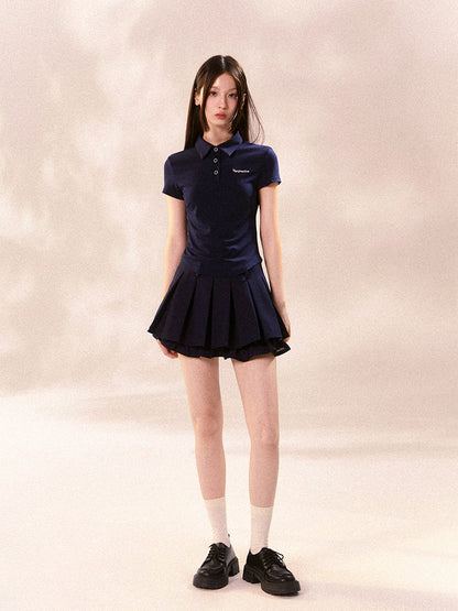 Set-Up Sports Casual Simple Pleats Polo-Shirt＆Mini-Skirt