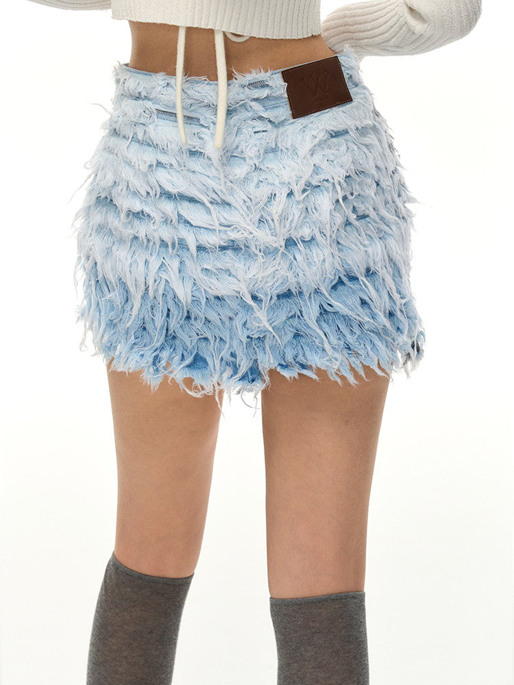 Denim Fur Gradation Nichi Washed Mini-Skirt